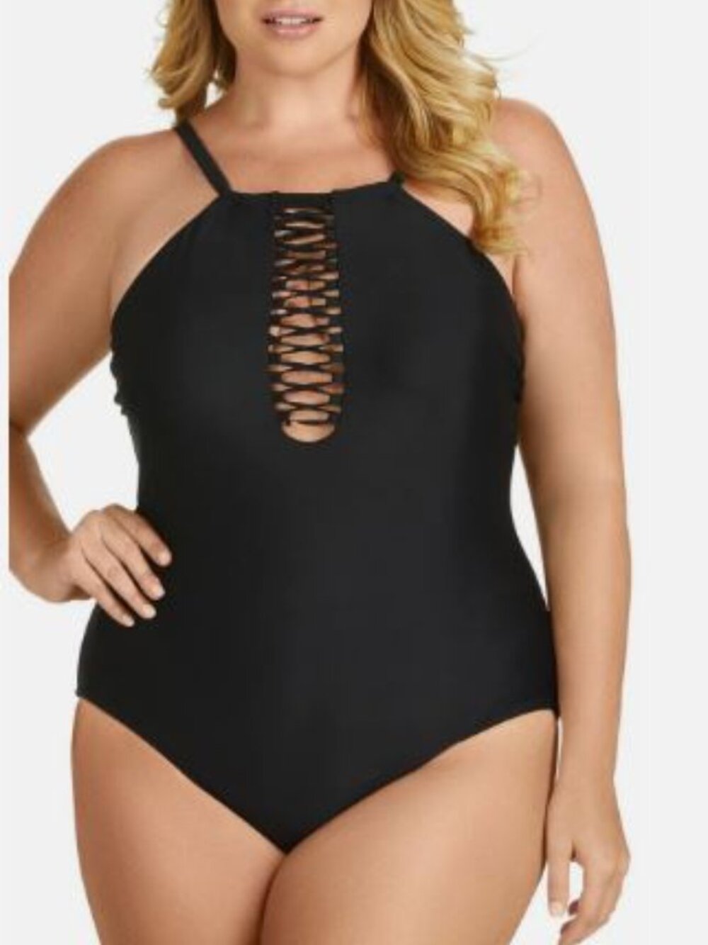 Raisins Black Lace-Up Front One Piece Swimsuit Size XL